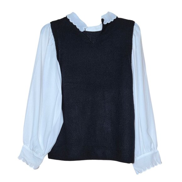 NWT CeCe Women's Knit Point Collar Long Sleeve Twofer Scalloped Sweater - Picture 2 of 5